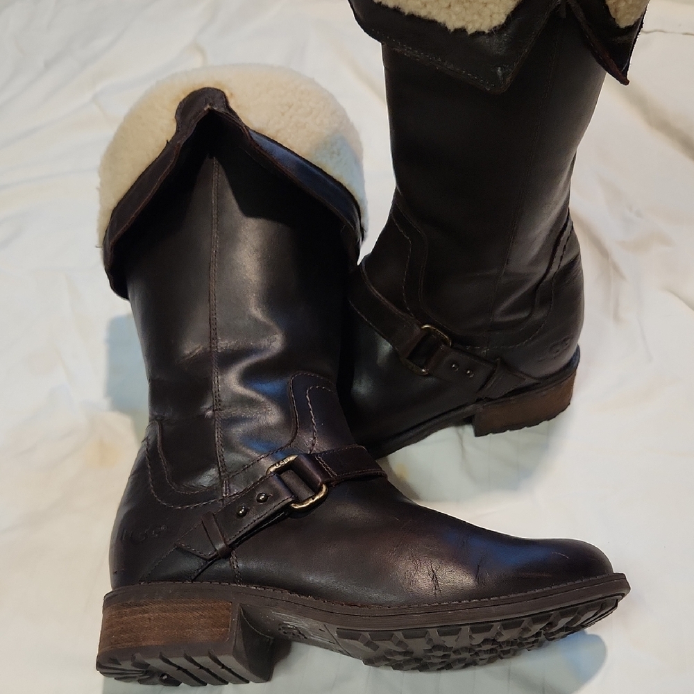 UGG Dark Brown Leather Shearling-Trim Mid-Calf Boots Sz  8